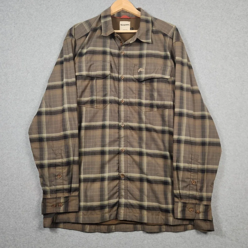 Simms Shirt Mens XL Brown Plaid Fleece Lined Flannel Button Up Outdor Fishing - Picture 1 of 11